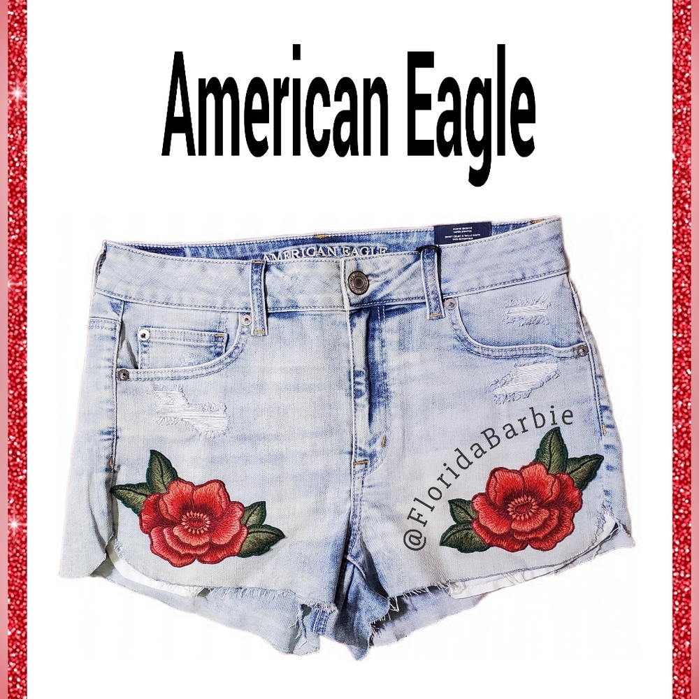 American Eagle Outfitters Light Wash Denim Jean Shorts Red Floral Embroidery